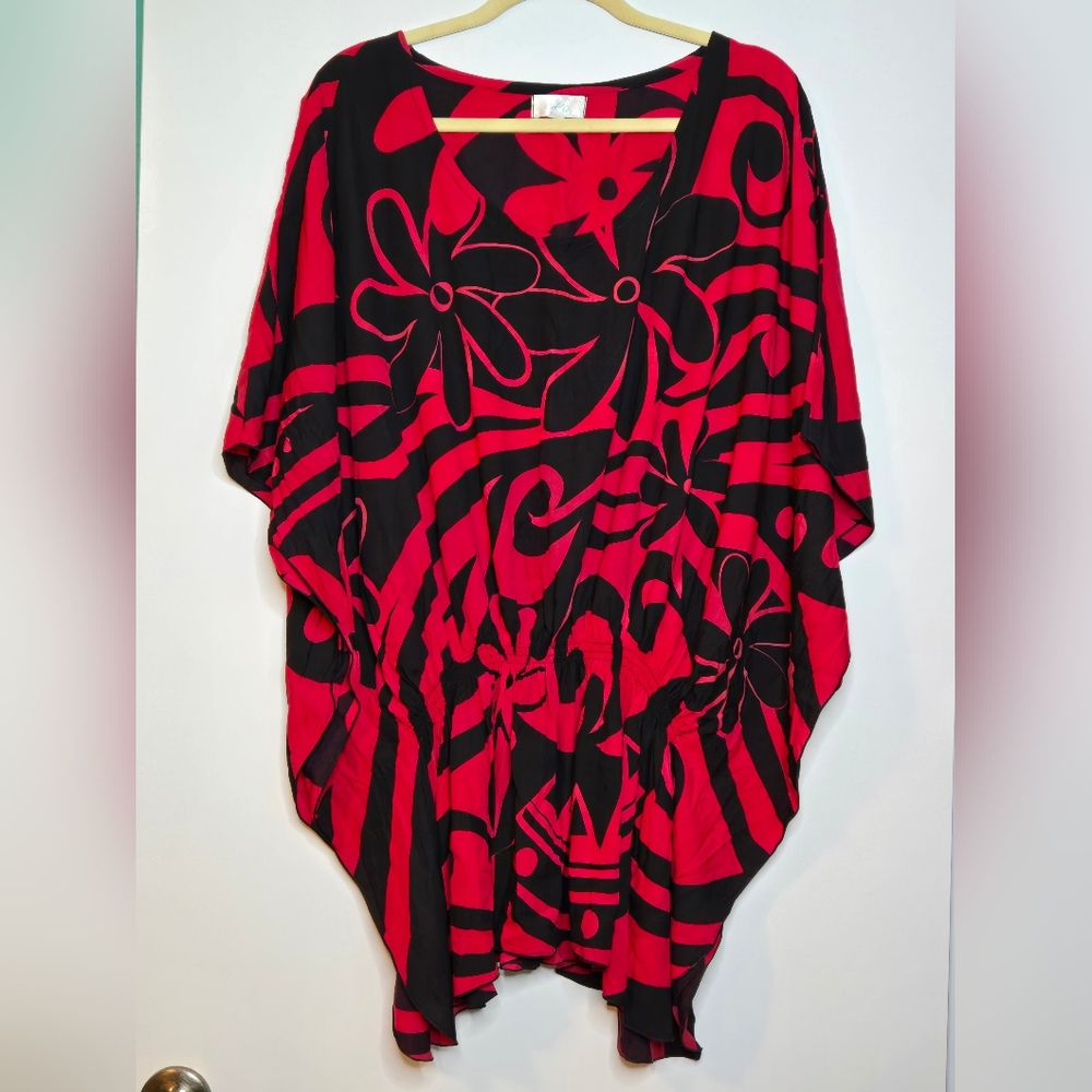 Ciel Blue Half Sleeve Top/Mini Dress Red and Black Tiare Design, Size Large
